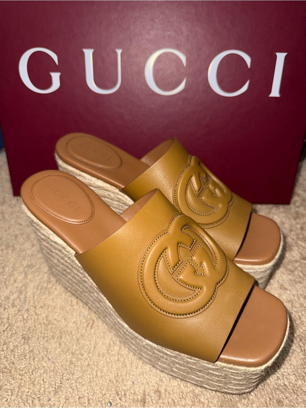 Gucci Mustard Leather GG Espadrille Wedge Slides